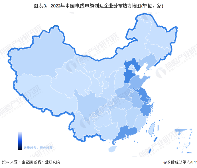 图表3:2022年中国电线电缆制造企业分布热力地图(单位:家)