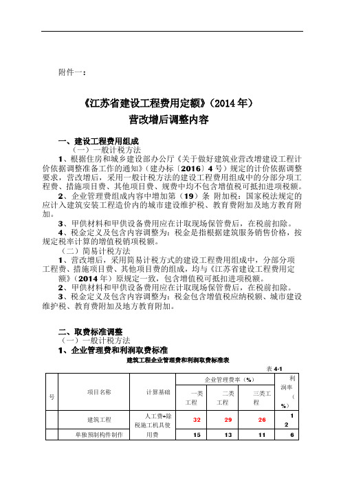 《江苏省建设工程费用定额》(2014年)营改增后调整内容