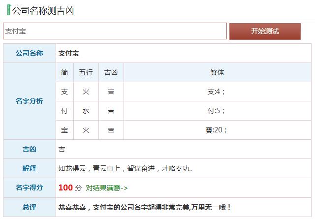 公司名称测吉凶查询支付宝的结果